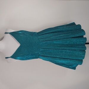 B Darling Teal Green Spaghetti Strap Sparkle Glitter Dress w/ Pockets Size 13/14